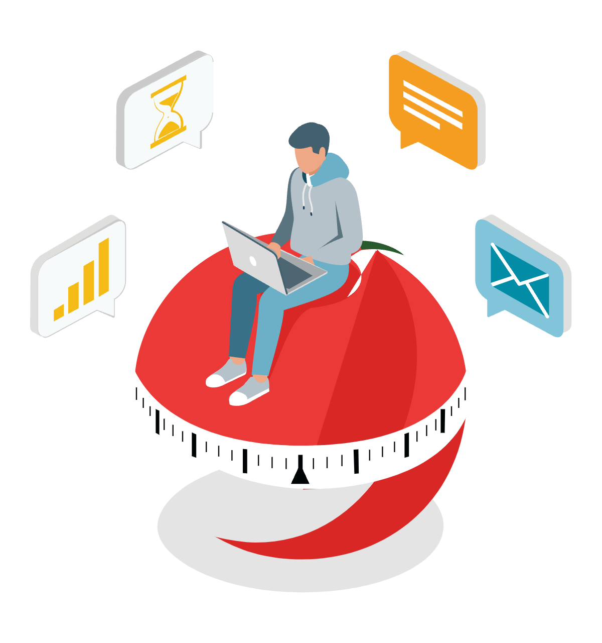 Someone working on a laptop, sitting on a giant tomato timer