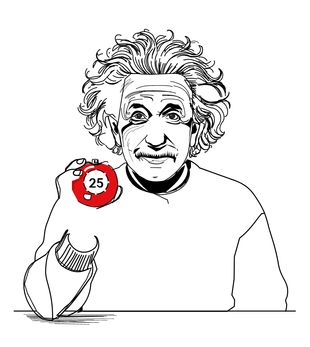 Einstein holding a tomato timer set to 25