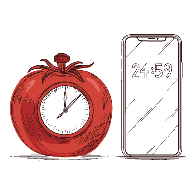 A tomato kitchen timer next to a phone