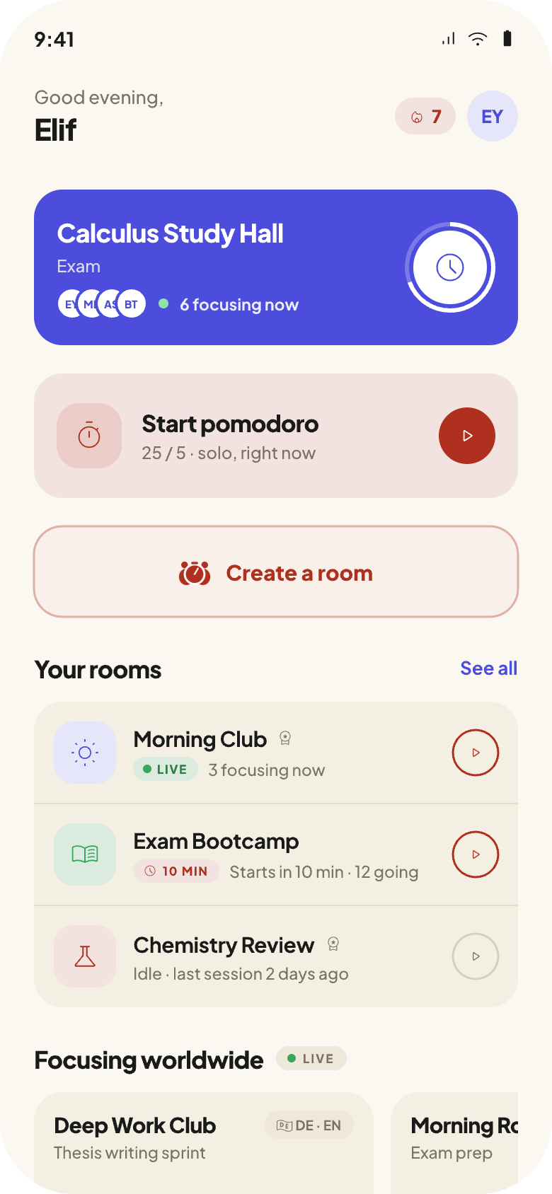 focus w/us home screen with rooms and a pomodoro button